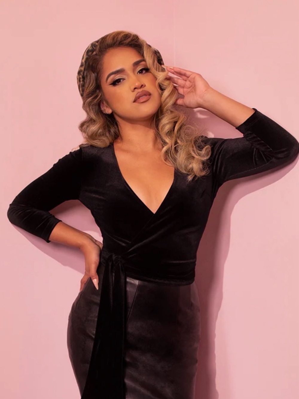 Vixen by Micheline Pitt Black Velvet Wrap Top in Black Size S